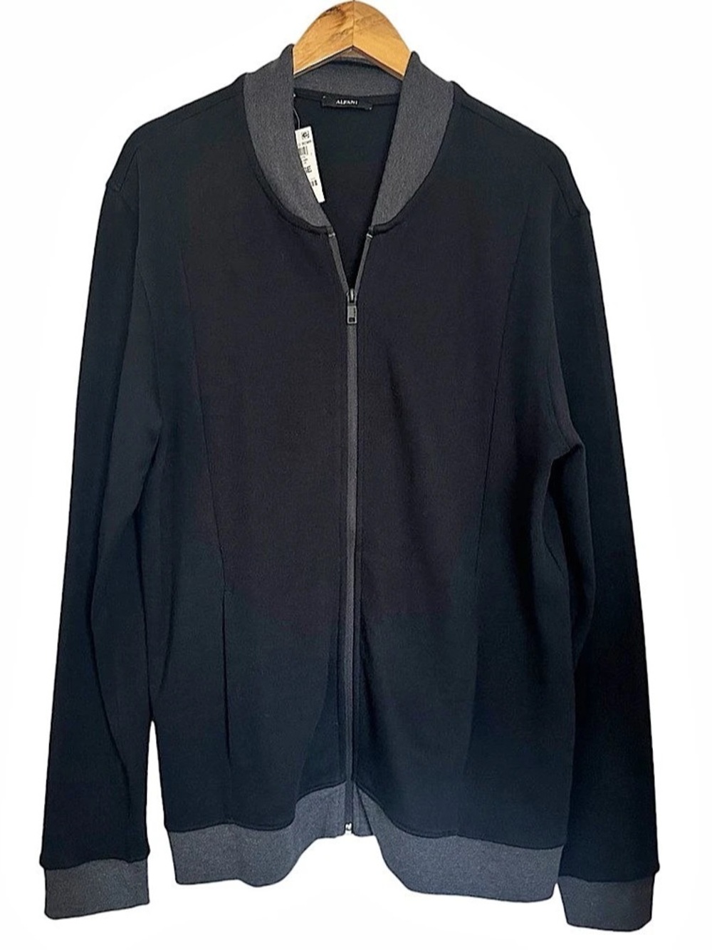 NWT Alfani Men’s Black Gray Knit Cotton Long Sleeve Full-Zip Bomber Jacket Sz L